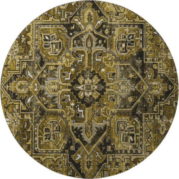 HomeRoots 8' Brown Gray Ivory Oriental Round Rug – Washable, UV Protected, Stylish & Durable for Busy Homes 649705
