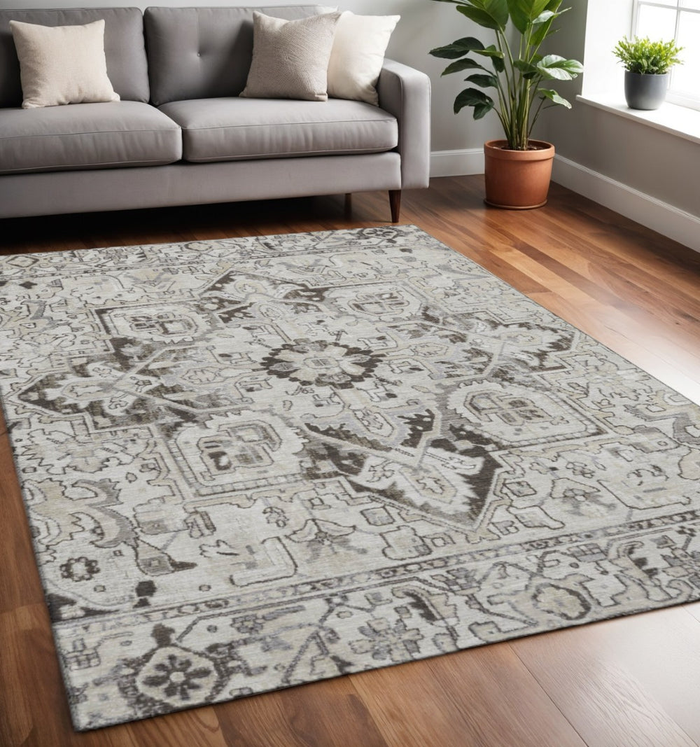 HomeRoots 5' X 8' Ivory & Gray Washable Oriental Area Rug - Durable, Soft, UV Protected, Perfect for Family Homes 649710