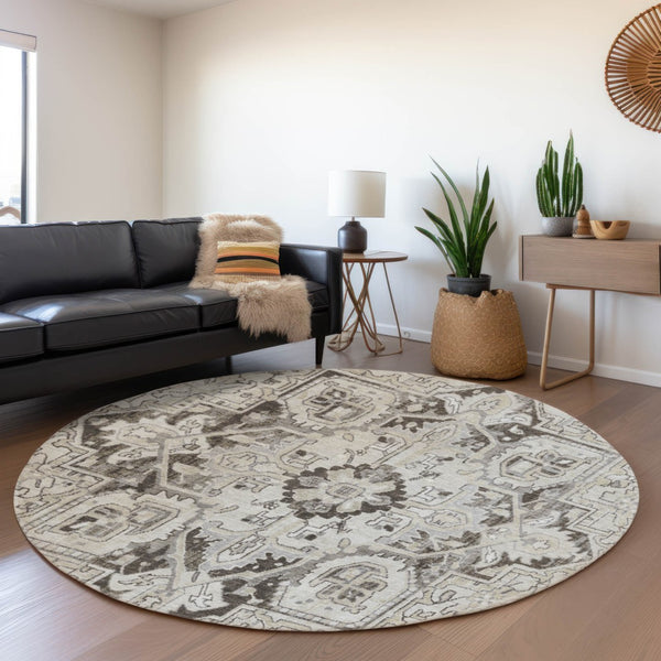 HomeRoots 8' Ivory and Gray Oriental Round Rug – Washable, Stain Resistant, UV Protected for Timeless Elegance 649711