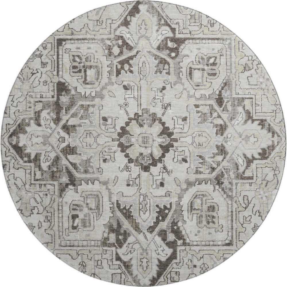 HomeRoots 8' Ivory and Gray Oriental Round Rug – Washable, Stain Resistant, UV Protected for Timeless Elegance 649711