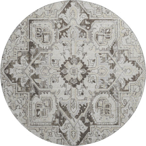HomeRoots 8' Ivory and Gray Oriental Round Rug – Washable, Stain Resistant, UV Protected for Timeless Elegance 649711