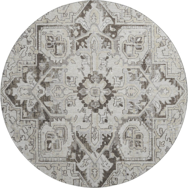 HomeRoots 8' Ivory and Gray Oriental Round Rug – Washable, Stain Resistant, UV Protected for Timeless Elegance 649711