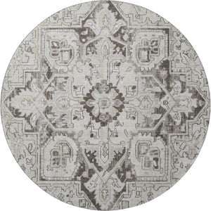 HomeRoots 8' Ivory and Gray Oriental Round Rug – Washable, Stain Resistant, UV Protected for Timeless Elegance 649711