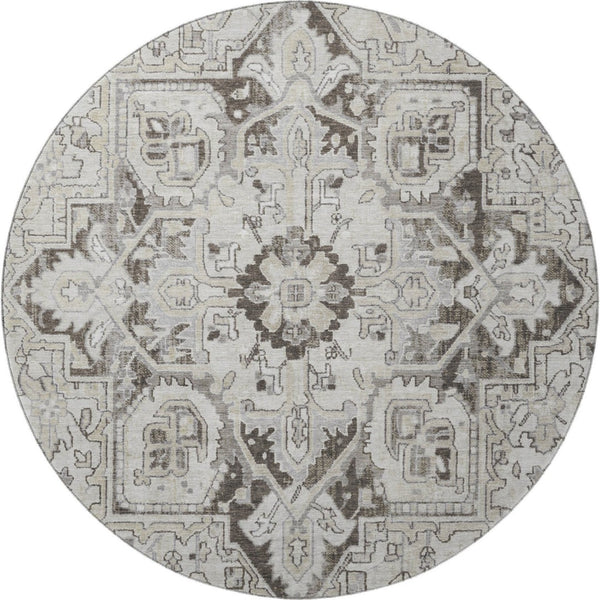 HomeRoots 8' Ivory and Gray Oriental Round Rug – Washable, Stain Resistant, UV Protected for Timeless Elegance 649711