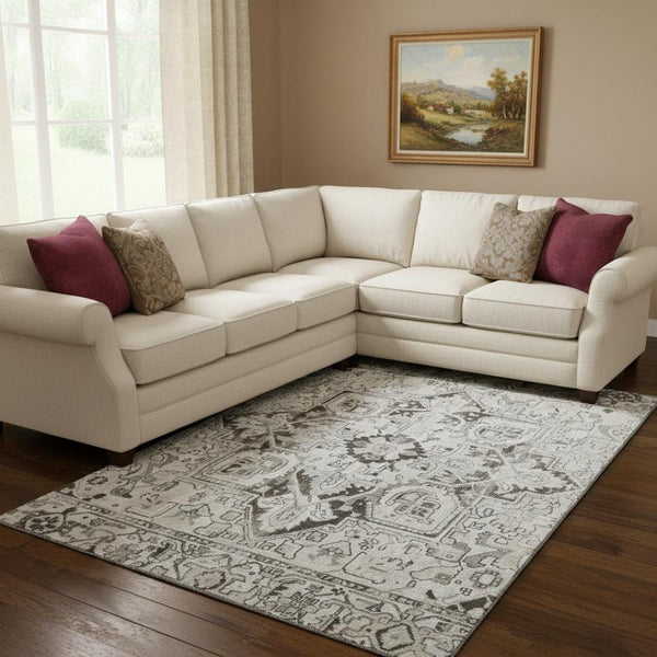 HomeRoots 8' X 10' Ivory and Gray Oriental Area Rug - Durable, Stain-Resistant, UV-Protected for Family Homes 649712