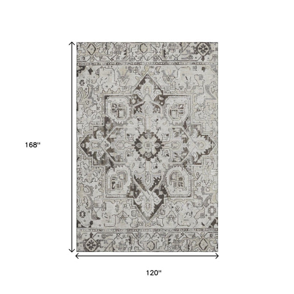 HomeRoots 10' X 14' Ivory And Gray Oriental Area Rug - Washable, Stain Resistant, UV Protected for Busy Homes 649714