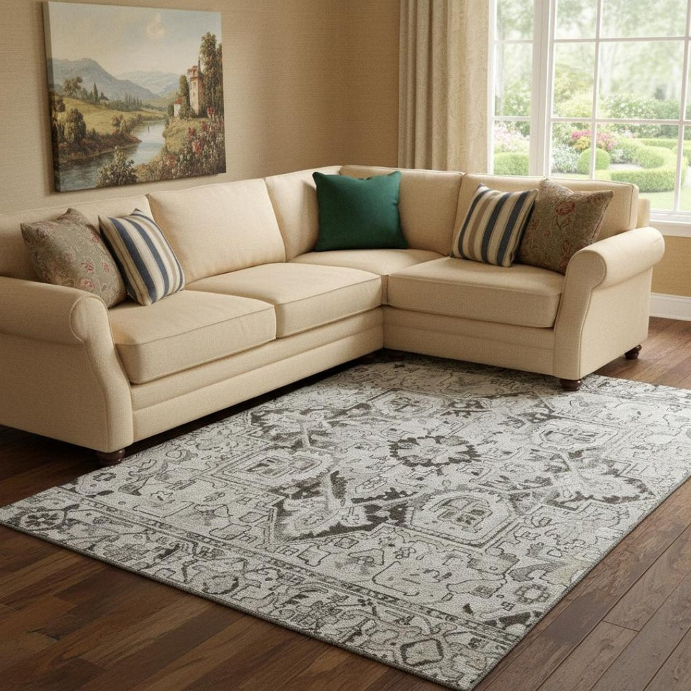 HomeRoots 10' X 14' Ivory And Gray Oriental Area Rug - Washable, Stain Resistant, UV Protected for Busy Homes 649714