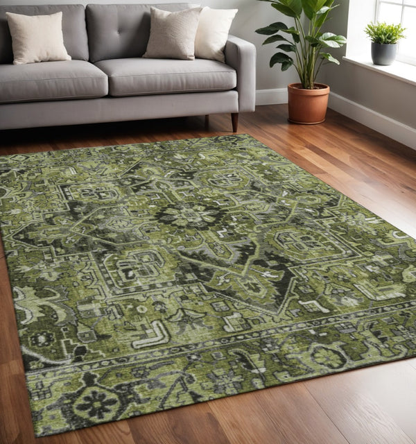 HomeRoots 5' X 8' Washable Olive Green and Gray Oriental Area Rug with UV Protection for Easy Care Living Spaces 649716