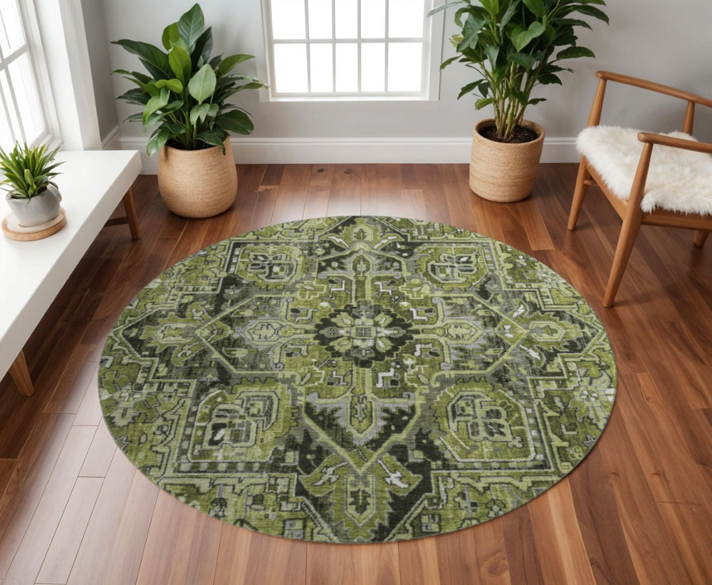 HomeRoots 8' Elegant Olive Green, Gray & Ivory Oriental Round Rug - Washable, UV Protected & Stain Resistant 649717