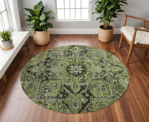 HomeRoots 8' Elegant Olive Green, Gray & Ivory Oriental Round Rug - Washable, UV Protected & Stain Resistant 649717