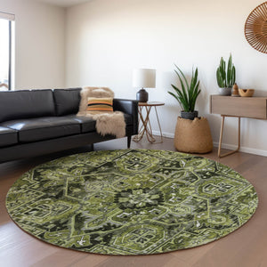 HomeRoots 8' Elegant Olive Green, Gray & Ivory Oriental Round Rug - Washable, UV Protected & Stain Resistant 649717