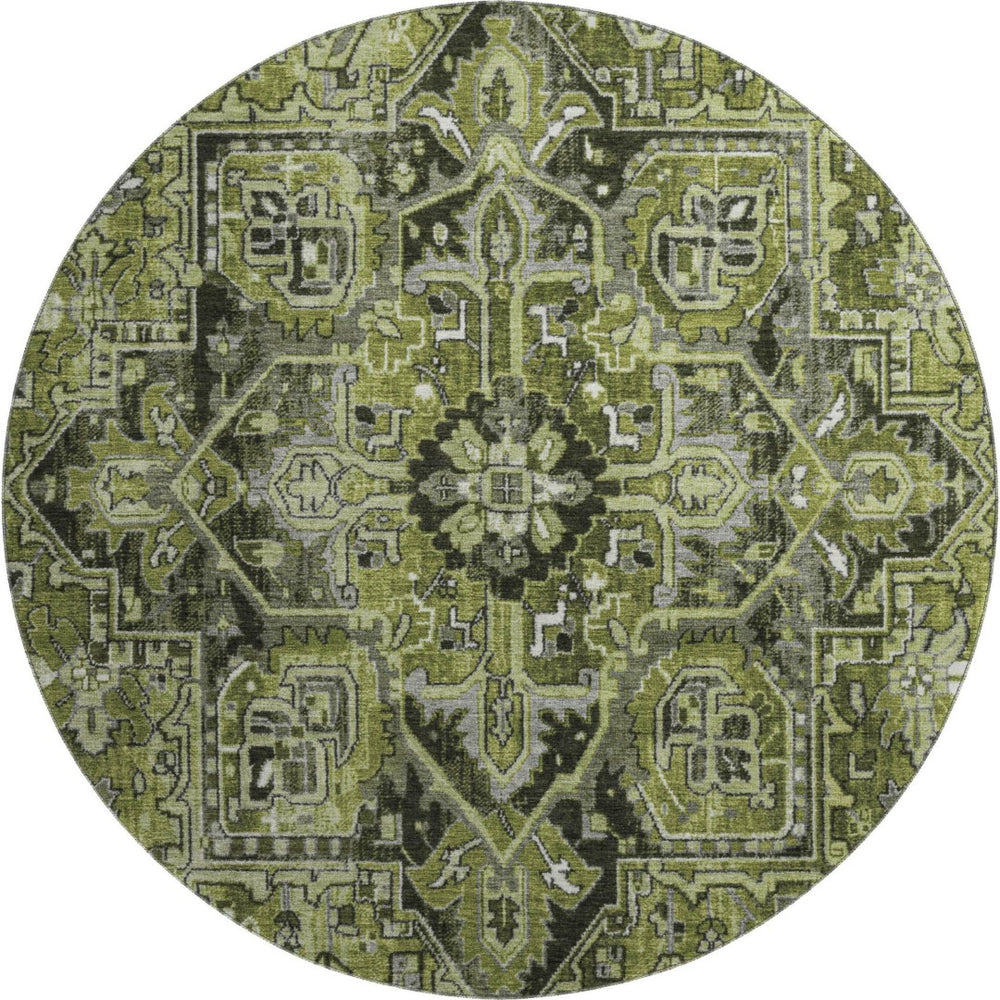 HomeRoots 8' Elegant Olive Green, Gray & Ivory Oriental Round Rug - Washable, UV Protected & Stain Resistant 649717