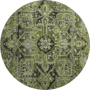 HomeRoots 8' Elegant Olive Green, Gray & Ivory Oriental Round Rug - Washable, UV Protected & Stain Resistant 649717