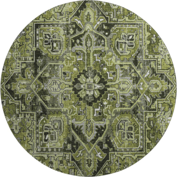 HomeRoots 8' Elegant Olive Green, Gray & Ivory Oriental Round Rug - Washable, UV Protected & Stain Resistant 649717