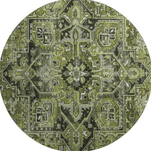 HomeRoots 8' Elegant Olive Green, Gray & Ivory Oriental Round Rug - Washable, UV Protected & Stain Resistant 649717