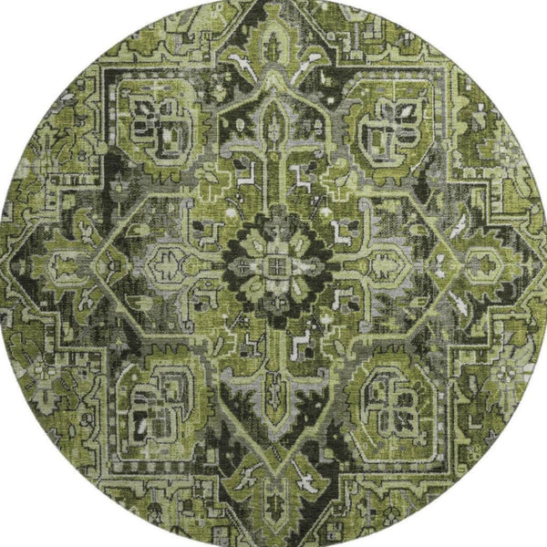 HomeRoots 8' Elegant Olive Green, Gray & Ivory Oriental Round Rug - Washable, UV Protected & Stain Resistant 649717