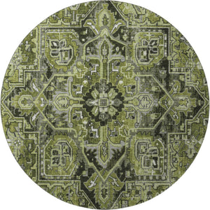 HomeRoots 8' Elegant Olive Green, Gray & Ivory Oriental Round Rug - Washable, UV Protected & Stain Resistant 649717