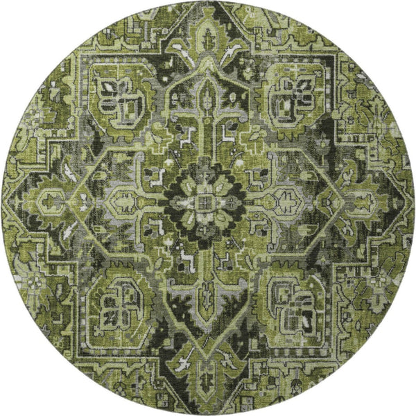 HomeRoots 8' Elegant Olive Green, Gray & Ivory Oriental Round Rug - Washable, UV Protected & Stain Resistant 649717