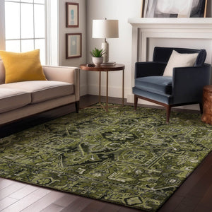 HomeRoots 8' X 10' Washable Olive Green, Gray & Ivory Oriental Area Rug - UV Protected, Stain Resistant, Durable 649718