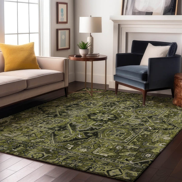 HomeRoots 8' X 10' Washable Olive Green, Gray & Ivory Oriental Area Rug - UV Protected, Stain Resistant, Durable 649718