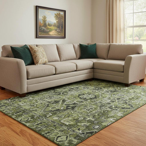 HomeRoots 8' X 10' Washable Olive Green, Gray & Ivory Oriental Area Rug - UV Protected, Stain Resistant, Durable 649718