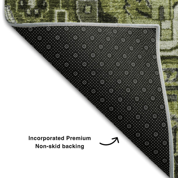 HomeRoots 9' X 12' Olive Green Gray Ivory Washable Oriental Area Rug - Durable, Stain-Resistant, UV Protected! 649719