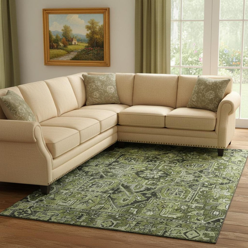 HomeRoots 9' X 12' Olive Green Gray Ivory Washable Oriental Area Rug - Durable, Stain-Resistant, UV Protected! 649719