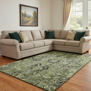 HomeRoots 10' Olive Green, Gray & Ivory Oriental Washable Area Rug - UV Protected, Durable & Stylish Design 649720