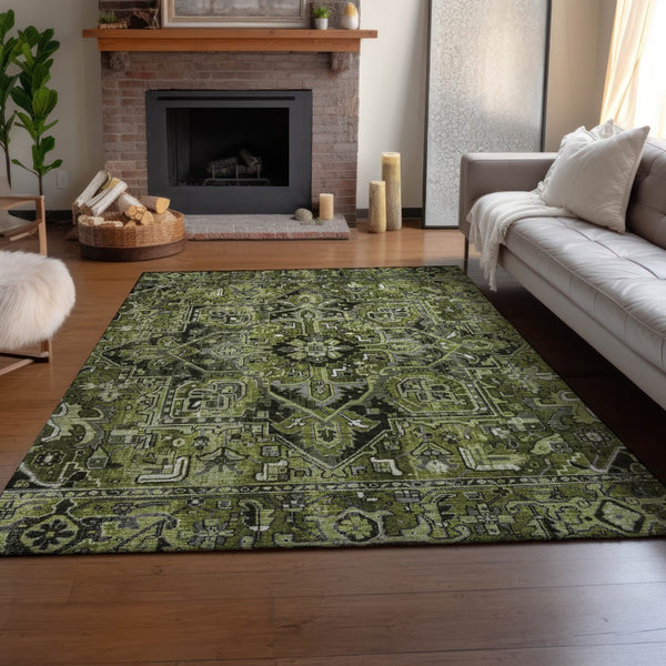 HomeRoots 10' Olive Green, Gray & Ivory Oriental Washable Area Rug - UV Protected, Durable & Stylish Design 649720