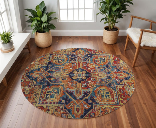 HomeRoots 8' Elegant Rust, Blue & Gold Oriental Washable Round Rug with UV Protection for High-Traffic Areas 649723