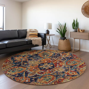 HomeRoots 8' Elegant Rust, Blue & Gold Oriental Washable Round Rug with UV Protection for High-Traffic Areas 649723