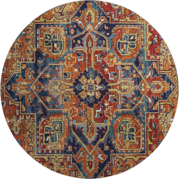 HomeRoots 8' Elegant Rust, Blue & Gold Oriental Washable Round Rug with UV Protection for High-Traffic Areas 649723