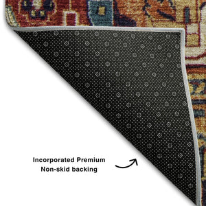 HomeRoots 8' Elegant Rust, Blue & Gold Oriental Washable Round Rug with UV Protection for High-Traffic Areas 649723