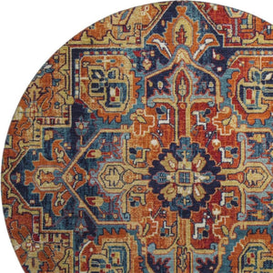 HomeRoots 8' Elegant Rust, Blue & Gold Oriental Washable Round Rug with UV Protection for High-Traffic Areas 649723