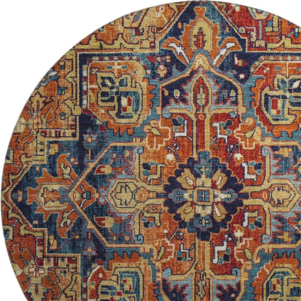 HomeRoots 8' Elegant Rust, Blue & Gold Oriental Washable Round Rug with UV Protection for High-Traffic Areas 649723