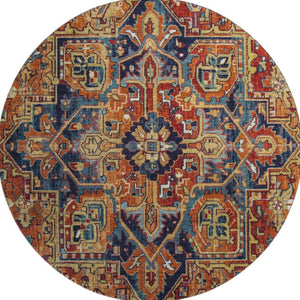 HomeRoots 8' Elegant Rust, Blue & Gold Oriental Washable Round Rug with UV Protection for High-Traffic Areas 649723