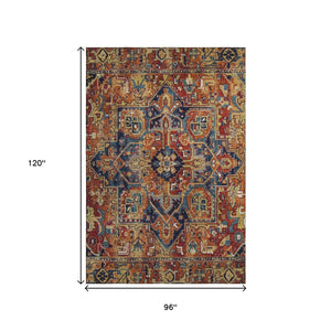 HomeRoots 8' X 10' Elegant Rust Blue & Gold Oriental Washable Area Rug - UV Protected, Durable & Stylish Design 649724