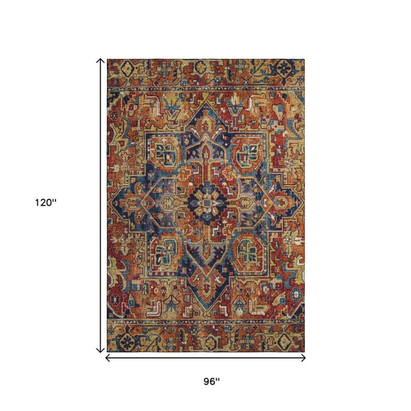 HomeRoots 8' X 10' Elegant Rust Blue & Gold Oriental Washable Area Rug - UV Protected, Durable & Stylish Design 649724