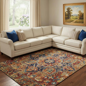 HomeRoots 8' X 10' Elegant Rust Blue & Gold Oriental Washable Area Rug - UV Protected, Durable & Stylish Design 649724