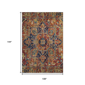 HomeRoots 9' X 12' Elegant Rust Blue & Gold Oriental Washable Area Rug - Stain Resistant & UV Protected! 649725