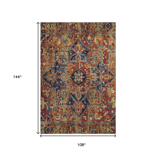 HomeRoots 9' X 12' Elegant Rust Blue & Gold Oriental Washable Area Rug - Stain Resistant & UV Protected! 649725