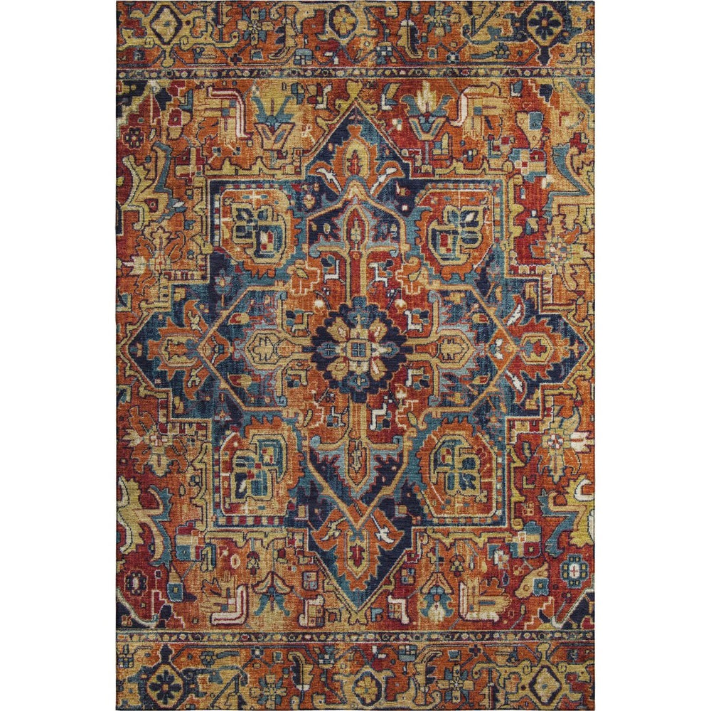 HomeRoots 9' X 12' Elegant Rust Blue & Gold Oriental Washable Area Rug - Stain Resistant & UV Protected! 649725