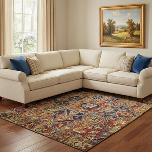 HomeRoots 9' X 12' Elegant Rust Blue & Gold Oriental Washable Area Rug - Stain Resistant & UV Protected! 649725