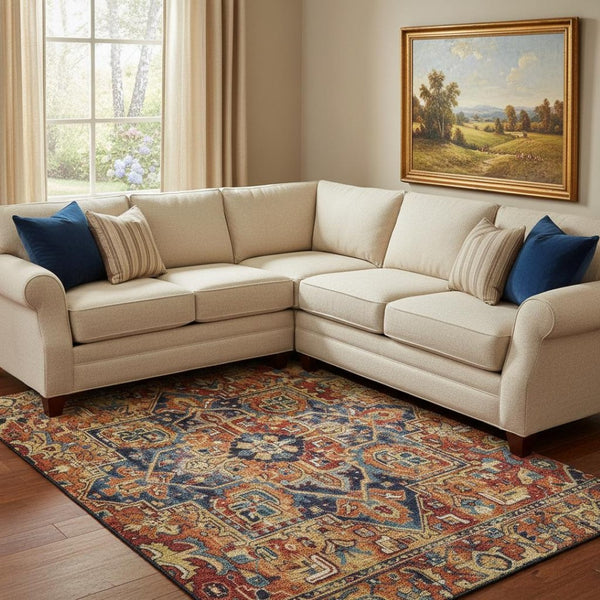 HomeRoots 10' X 14' Washable Oriental Area Rug in Rust, Blue & Gold - Durable, UV-Protected, Stain-Resistant Elegance 649726