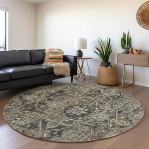 HomeRoots 8' Elegant Taupe Ivory Gray Oriental Washable Round Rug with UV Protection for Active Homes 649729