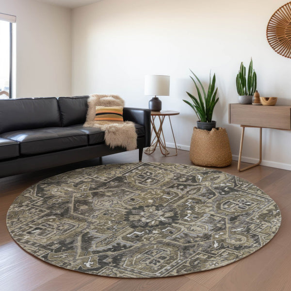 HomeRoots 8' Elegant Taupe Ivory Gray Oriental Washable Round Rug with UV Protection for Active Homes 649729
