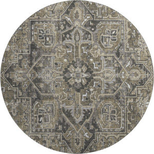 HomeRoots 8' Elegant Taupe Ivory Gray Oriental Washable Round Rug with UV Protection for Active Homes 649729