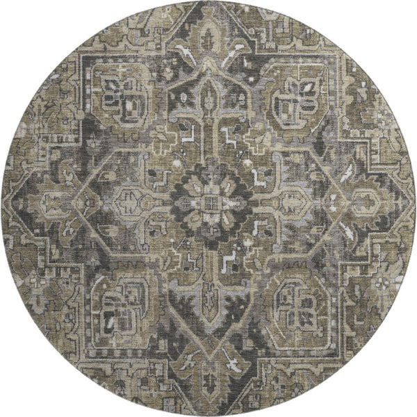 HomeRoots 8' Elegant Taupe Ivory Gray Oriental Washable Round Rug with UV Protection for Active Homes 649729