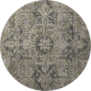 HomeRoots 8' Elegant Taupe Ivory Gray Oriental Washable Round Rug with UV Protection for Active Homes 649729
