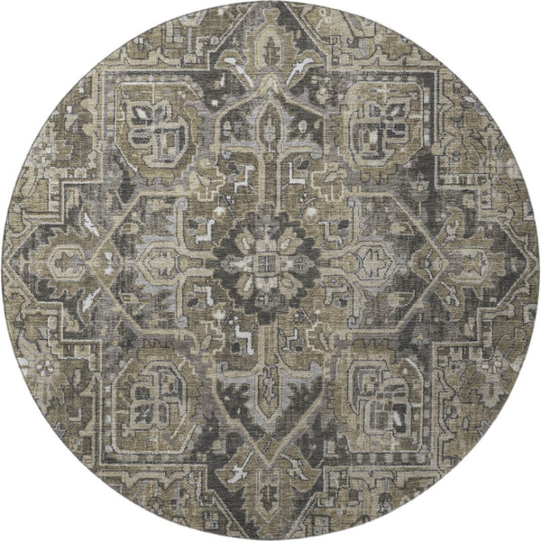 HomeRoots 8' Elegant Taupe Ivory Gray Oriental Washable Round Rug with UV Protection for Active Homes 649729